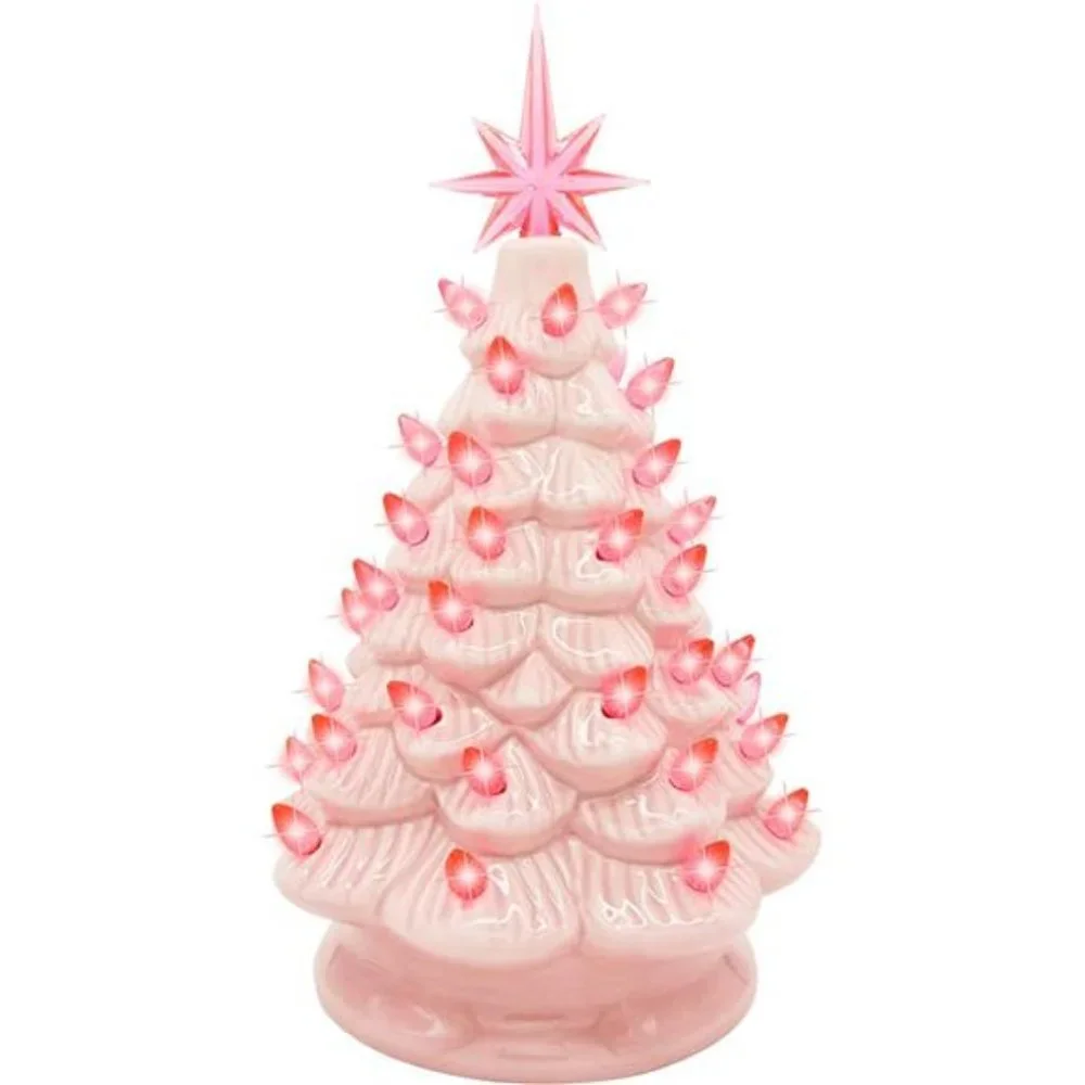 12" Pink Ceramic Christmas Tree, Prelit w/ Extra Pink Top Star & Bulbs